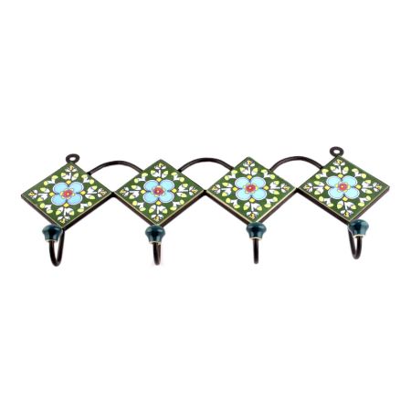 Forest Green And Turquoise Ceramic Floral Tiles Hooks